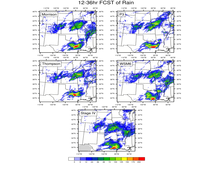 "24-hr precipitation accumulations from WRF runs for 26 May 2016"