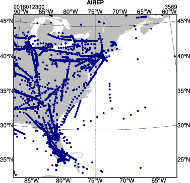 Locations of AIREP and AMDAR observations for FGAT tutorial case